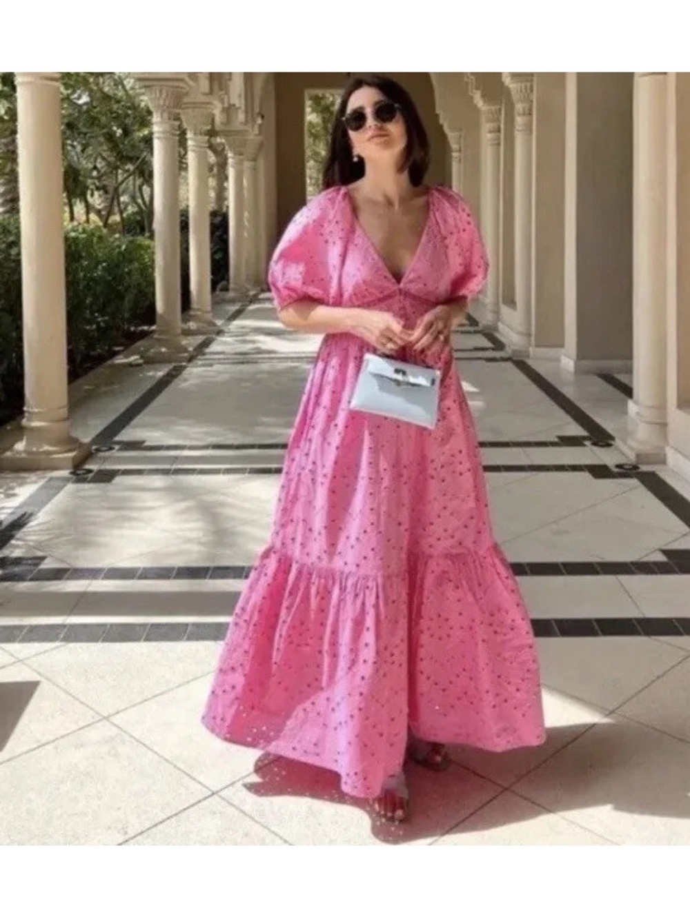 Zara eyelet maxi tiered pink dress m